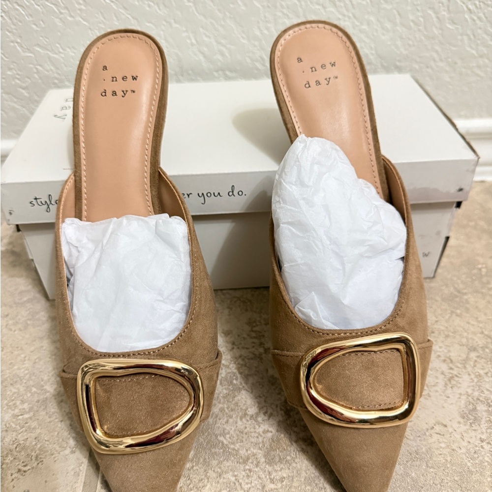A New Day Tan Mules with Gold Accent